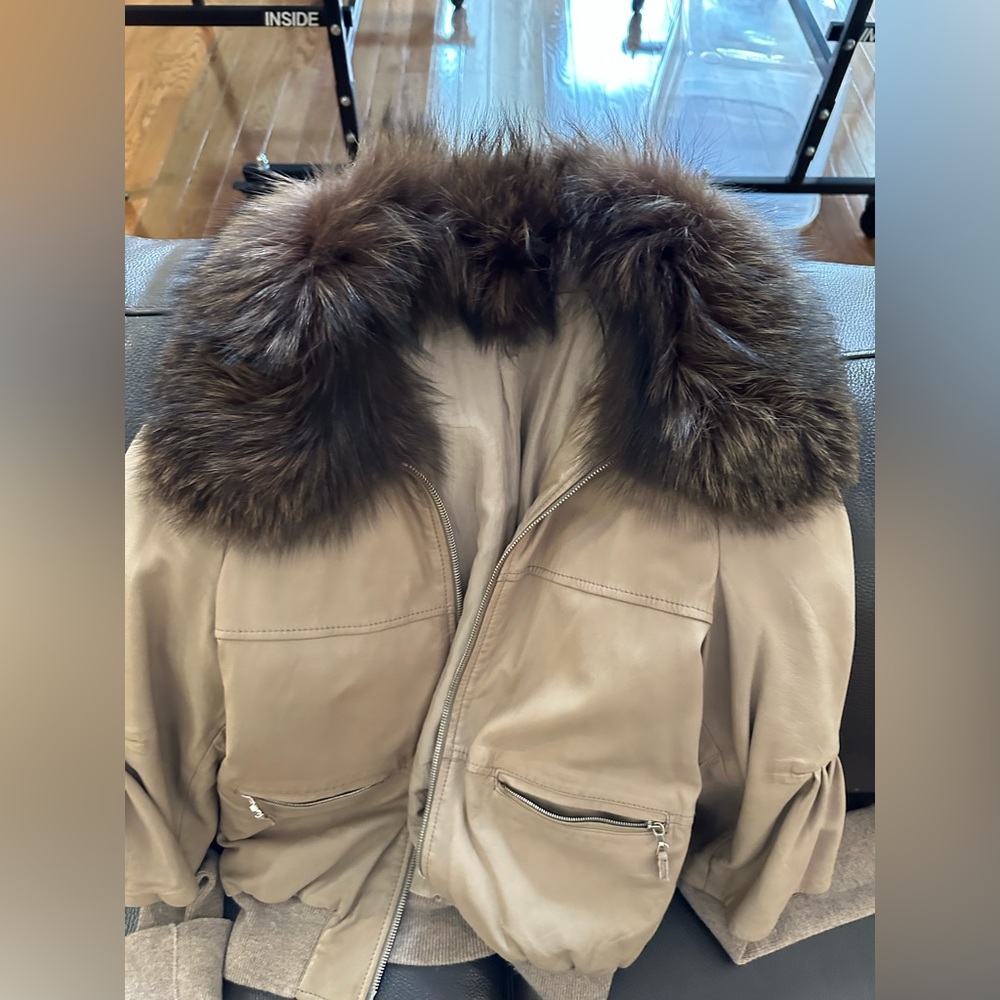 Brunello Cucinelli Taupe Leather Jacket with Brown Fur Collar